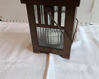 Candle lantern metal and glass 9" tall