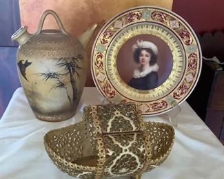 Hand painted Vienna plate, Rookwood pottery and "lace" china "boat".