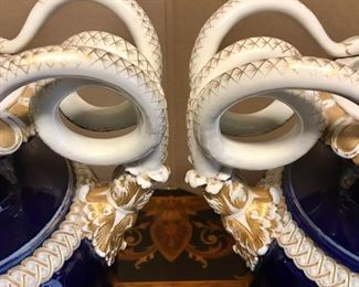 Detail
Pair Meissen, porcelain Serpent, Schlangenvasen vases/urns, cobalt, ivory & gilt, mid-19th 
each 8”d x 12.5”w x 19”h 
(Glue on 1 handle ) 
Was $2600
Now $900