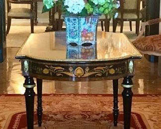 Victorian style marquetry library table, ormolu mounts & edge, musical and bird motif, made in Italy, 20th c,     55.25” x 30.5” x 30.5”
Was $1600
Now $500

Aubusson style carpet
crimson field with scrolls & foliage, creams & golds
late 20th c
94” x 126”
Was $1200  
Now $400
