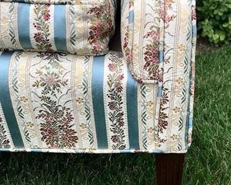 Detail
Hepplewhite inspired sofa
striped & floral upholstery 
tight back with down cushions 
58” x 34” x 32” h
Was $800
Now $300
