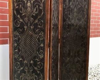 3-Panel floor screen
studded & etched metal & wood frame with brass acorn finials & bun feet, 20th c
3 20” panels, 75” h

Was $900
Now $270