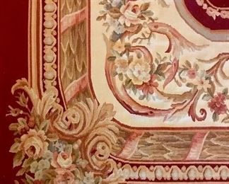 Detail
Aubusson style carpet
crimson field with scrolls & foliage, creams & golds
late 20th c
94” x 126”
Was $1200  
Now $400
