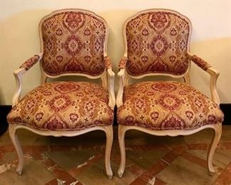 Pair Louis XV style fauteuils 
tapestry medallion upholstery
white-washed finish 20th c. 
26” x 25” x 40.25” h seat 20” h 
Was $800
Now $240
PENDING