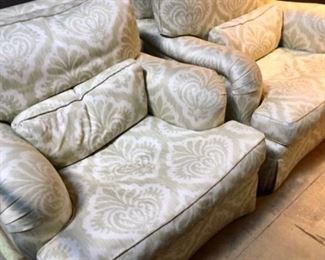 Baker
pair custom club chairs
skirted & down filled, as is 
some fading & needs more seat down
39”w x 45”d x 30”h 
Was $900 pair
Now $300 pair
SOLD