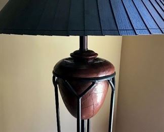 Detail
1 of pair
Frederick Cooper 
pair leather & iron floor lamps, 
as is (1 slightly bent) 60” h
Was $500
Now $175
PENDING