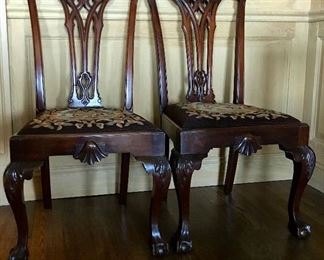 Pair Philadelphia Chippendale style chairs with needlepoint seats
ball & claw & shell motif, as is (seats need re-stuffing) 
20” x 20” x 39.5” h

Was $600
Now $240