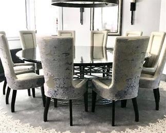 6 bespoke dining chairs
Donghia fabric
45” h x 21.5” x 21.5” seat 18” h
Was $3600
Now $1350
PENDING

Bradley Hughes, Bianca 60” x 29” warm platinum finish base with 8’ bespoke alder wood top
Was $8000
Now $3000

Custom Tai Ping, Nomad Collection-Palatine border, hand tufted wool rug
13’ diameter
Was $2000  
Now $700
