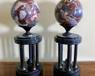 Pair marble orbs 
on classical bronze & marble stands
a few small chips to marble
each 4.5” diam x 13.75” h

Was $950
Now $300