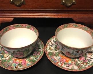 Pair early 20th c Chinese Export Rose Medallion porcelain cup & saucers 

Was $250  pair
Now $100 pair