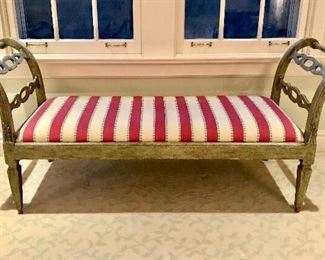 Custom provincial painted bench with striped upholstery
70” x 22” x 30.5”h

Was $700  
Now $250