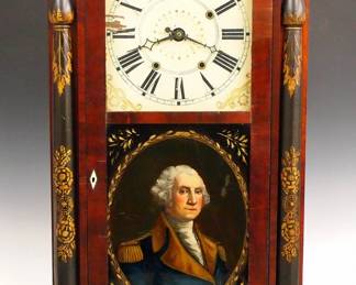 Lot 7: A 19th century Jerome & Darrow shelf clock.  8-day weight driven wooden time and strike movement (alarm train has been removed) with painted wooden dial and Roman numerals.  Mahogany case with a shaped stenciled crest above a single long three glass door with reverse painted George Washington portrait and lower landscape, all flanked by stenciled pilasters on a flat base.  Paper label 70% intact.  Older refinishing with minor damage, dial wear, lacks alarm train, running when cataloged.  39 3/4" high overall.  ESTIMATE $600-800
