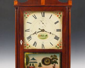 Lot 13: An early 19th century Seth Thomas Pillar and Scroll clock with off-center pendulum.  30-hr weight driven time and strike wooden strap movement with painted wooden dial and Roman numerals with subsidiary seconds.  Mahogany case with scrollwork top and Brass finials above a single door with clear dial glass and reverse painted lower, flanked by slender turned columns on a scrolled base.  Paper label reads "E. Terry's Patent Clock, Made and Sold by Seth Thomas".  Older refinishing with minor wear, restored dial, tablet and finials, running momentarily when cataloged.  30" high overall.  ESTIMATE $800-1,200
