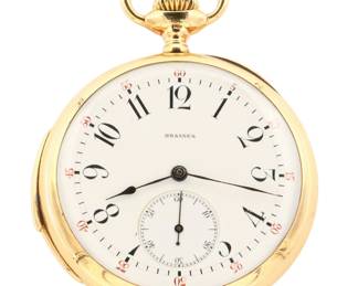 Lot 41: A 14k Gold Brassus pocket watch with slide activated minute repeat.  High quality three finger bridge movement jeweled through the hammers, 48 mm, 14k Gold OF, porcelain SSD with Arabic numerals marked "Brassus", serial #125644.  71.7 grams total weight.  Only slight wear, winds, sets and running when cataloged.  ESTIMATE $2,000-3,000
