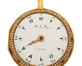 Lot 46: An 18k Gold pocket watch by Julien Le Roy, Paris with stem activated quarter hour repeat, made for the Turkish Market.  55 mm, KW, KS, 18k Gold case with enameled decoration and applied Pearl detail on the case and bezel, bell strike inside strike inside rear cover, convex porcelain dial with Turkish numerals marked "Jln. Le Roy, a Paris", serial #664.  112.2 grams total weight.  Some wear, damage to the enamel decoration, bell slightly loose dampens strike, dial flakes and hairlines, lacks minute hand and crystal, running when cataloged.  ESTIMATE $2,000-3,000
