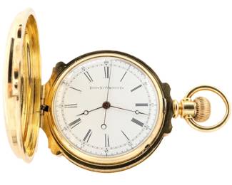Lot 49: A 14k Gold Elgin Doctor's model pocket watch with sweep seconds.  16 size, 15 j, SW, LS, Engraved Dueber 14K Gold HC with Box hinges, porcelain dial with Roman numerals marked "Elgin Nat'l Watch Co.", serial #9260354.  138.2 grams total weight, movement weighs 55.9 grams.  Minor wear, monogramed with presentation on cuvette, winds, sets and running when cataloged.  ESTIMATE $2,000-3,000
