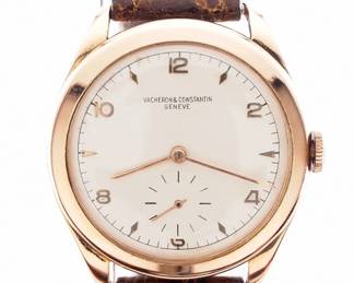 Lot 51: A vintage Vacheron & Constantine 18k Gold gentleman's wristwatch.  Manual wind, 17j, Cal 543 3B movement with a Champagne dial, diamond markers and subsidiary seconds, serial #48713.  35 mm 18k Rose Gold case with a replaced leather band.  41.7 grams total weight.  Slight wear, winds, sets and running when cataloged.  ESTIMATE $2,000-3,000
