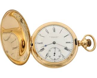 Lot 66:  A 14k Gold Howard Presentation pocket watch.  Inscription on cuvette reads "Presented by Light Battery E First US Artillery and Troops B and K Seventh US Cavalry" with US Artillery Battery "E" crossed cannon logo verso.  NOTE: These units fought together at the Battle of Wounded Knee in 1890 and the watch was produced shortly after in 1891.  "N" size, 15j, SW, PS, E. H. & Co. 14K Gold, HC, porcelain SSD with Roman numerals marked "E Howard & Co. Boston", serial #220271.  141.8 grams total weight, movement weighs 63.8 grams.  Some wear, monogramed front cover, winds, sets and running momentarily when cataloged.  ESTIMATE $3,000-4,000
