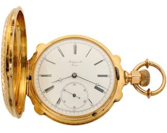 Lot 77: An 18k Gold pocket watch by Montaigne et Fils, Geneva.  Unusual engraved scene on rear cover depicting a Southern plantation with a large cotton press, workers, and children, front cover with "BDWH" monogram.  55 mm, 15j Adjusted, DMK, SW, LS, movement in a Fancy engraved B. P. & W. 18k Gold hunting case with box hinges, porcelain SSD with Roman numerals marked "Montaigne et Fils" serial #46188.  161.7 grams total weight, movement weighs 65.6 grams.  Very slight wear, winds, sets and running when cataloged.  ESTIMATE $4,000-6,000
