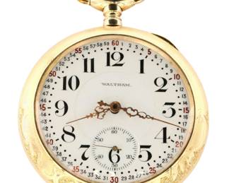 Lot 85:  A Waltham "Vanguard" model pocket watch.  18 size, 23 j, Diamond endstone, Adj, DMK, GJS, SW, LS, Fancy Keystone "J. Boss" GF with engraved Locomotive verso, OF, Porcelain DSD "Montgomery" dial with Arabic numerals marked "Waltham" with fancy Gold hands, serial #12079962.  Slight wear, winds, sets and runs momentarily when cataloged.  ESTIMATE $400-600
