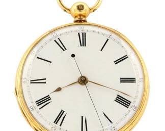 Lot 105: An 18k Gold pocket watch with center sweep second hand.  50 mm, 18k Gold OF, flat porcelain dial with Roman numerals, serial #16677.  95.4 grams total weight.  Minor case wear, crystal restricts second hand when closed, runs momentarily when cataloged.  ESTIMATE $1,000-1,500
