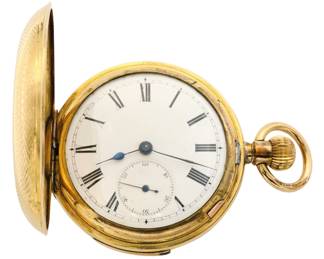 106: An IXORA pocket watch by Picard et Cie, Geneva with slide activated minute repeat.  Three finger bridge movement, 55 mm, Gold Filled HC, porcelain SSD with Roman numerals.  Minor wear, winds, sets and running when cataloged.  ESTIMATE $1,000-1,500
