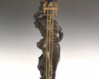 Lot 136: A late 20th century Bronze figural Swinging Arm clock.  8-day time only movement within a Blue enameled sphere with Roman numerals with gridiron pendulum and Gilded mounts.  Bronze allegorical figure with dark patina depicts a robed woman.  Some wear to the finish on the sphere, running when cataloged.  35" high overall.  ESTIMATE $800-1,200
