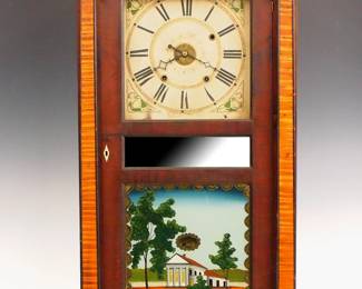 Lot 142: A mid 19th century Boardman & Wells shelf clock.  30-hr wooden works time, strike and alarm movement with painted wooden dial and Roman numerals.  Mahogany case with a carved crown above a three panel door with clear upper, mirrored center and reverse painted lower glass, flanked by flat Curly Maple pilasters with Ebonized detail, all supported by carved paw feet.  Paper label 50% intact.  Old finish with some wear, veneer damage along lower edge of both sides, large chip in one foot, crack in top glass, re-painted glass panel, replaced Brass finials, not running when cataloged, movement is very dirty.  42 3/4" high overall.  ESTIMATE $600-800
