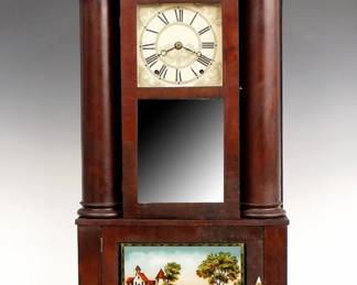 Lot 149: A mid 19th century Boardman & Wells hollow column Double Decker shelf clock.  30-hr wooden works time and strike movement with papered wooden dial and Roman numerals.  Mahogany case with a carved cornucopia crown above a upper door, with clear dial glass and mirrored lower glass, flanked by full hollow weight columns over a single door with reverse painted glass, all supported by carved paw feet.  Paper label 30% intact.  Older finish with minor wear, re-papered dial, re-painted lower glass, running momentarily when cataloged.  35 1/2" high overall.  ESTIMATE $400-600
