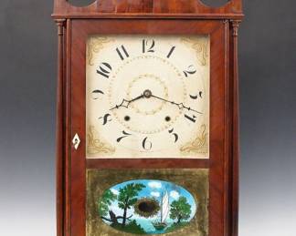 Lot 157: A 19th century Ephraim Down(e)s Pillar and Scroll shelf clock.  30-hr weight driven wooden time and strike movement with painted wooden dial and Arabic numerals.  Mahogany case with scrolled crest and Brass finials, single door with clear dial glass and reverse painted lower flanked by turned columns on a scrolled base.  Paper label 80% intact.  Older refinishing with minor damage, dial wear, restoration to crest and base, running when cataloged.  31 1/4" high overall.  ESTIMATE $600-800
