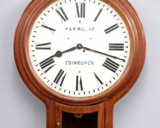 Lot 178:  A late 19th century British Gallery clock.  8-day chain driven time only fusee movement with 22" painted Iron dial and Roman numerals marked "H. & R. Millar, Edinburgh".  Re-cased in a custom Mahogany case with turned wooden bezel and short drop with glass door.  Minor wear, running when cataloged.  36 1/2" high overall.  ESTIMATE $800-1,200
