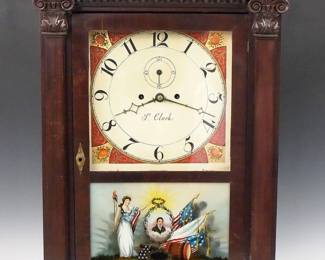 Lot 196: An early 19th century Empire Period shelf clock by Sylvester Clark(e) Salem Bridge, Conn..  8-day weight driven time and strike movement with painted metal dial, Arabic numerals and subsidiary seconds.  Mahogany case with carved Cornucopia crest and paw feet, single door with clear dial glass and lower reverse painted glass (Tom Moberg replacement).  Paper label 70% intact.  Older refinishing with wear, replaced dial and lower glass panel, lacks some toes on feet, not running when cataloged.  32 1/2" high.  ESTIMATE $400-600
