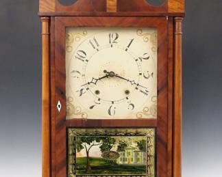 Lot 211:  A 19th century George Mitchell Pillar and Scroll shelf clock.  30-hr weight driven wooden time and strike movement with painted wooden dial and Arabic numerals.  Transitional Mahogany case with scrolled crest and Brass finials, single door with clear dial glass and reverse painted lower flanked by turned columns on carved paw feet.  Paper label 60% intact.  Older refinishing with minor damage, dial wear, restoration to case, crack in lower glass, running when cataloged.  31 1/4" high overall.  ESTIMATE $300-400
