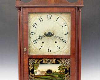 Lot 212: A 19th century Mark Leavenworth Pillar and Scroll shelf clock.  30-hr weight driven wooden time and strike movement and painted wooden dial with Arabic numerals.  Mahogany case with scrolled crest and Brass finials, single door with clear dial glass and reverse painted (Tom Moberg replacement) lower flanked by slender turned columns on a scrolled base.  Paper label 50% intact.  Older refinishing with minor damage, dial wear, restoration to crest and base, veneer replacement, running momentarily when cataloged.  31 1/4" high overall.  ESTIMATE $300-400
