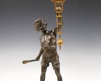 Lot 242: A turn of the century Junghans "Cricket Boy" model figural Swinging Arm clock.  30-hr time only movement with porcelain dial and Arabic numerals.  Later Spelter figure with Dark Brown patina.  Some wear, repaired bat, replaced hanging post, running when cataloged.  14 3/4" high overall.  ESTIMATE $200-300
