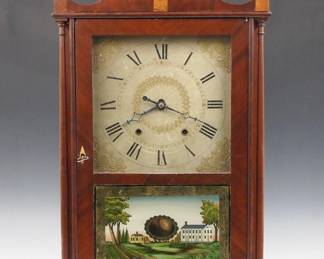 Lot 245: A 19th century Ephraim Down(e)s Pillar and Scroll shelf clock.  30-hr weight driven wooden time and strike movement with painted wooden dial and Arabic numerals.  Mahogany case with scrolled crest and Brass finials, single door with clear dial glass and reverse painted lower flanked by turned columns on a scrolled base.  Paper label 80% intact.  Older refinishing with minor damage, dial wear, restoration to crest and base, crack in dial glass, replaced finials and lower door glass, running momentarily when cataloged.  31 1/2" high overall.  ESTIMATE $200-300
