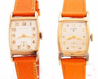 Lot 251: Two vintage gentleman's wristwatches.  19j Hamilton and a 19j Elgin, both manual wind.  Both in GF cases with a replaced leather bands.  Some wear, both wind, set and running when cataloged.  ESTIMATE $200-300
