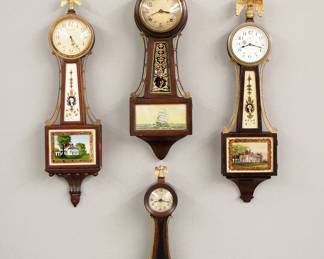 Lot 257: Four 20th century miniature Banjo clocks.  Includes Waltham and New Haven models, 8-12 day duration.  Old finishes with some wear, some dial damage, not tested.  13"-21" high".  ESTIMATE $200-300
