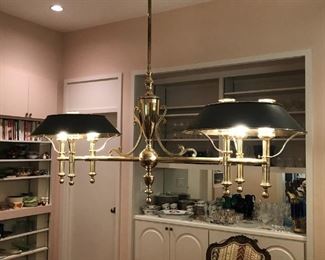 Bouilliotte style brass chandelier with tole shades