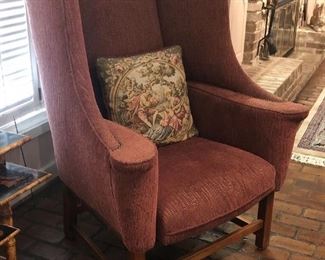 Unusual antique wingback chair with upholstered rush bottom seat