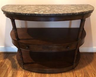 Century Furniture demilune server with marble top and silver drawer, on casters