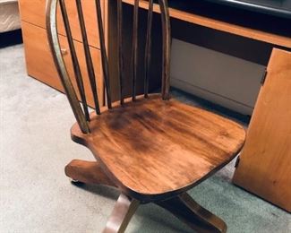 Windsor style vintage wood desk chair on casters