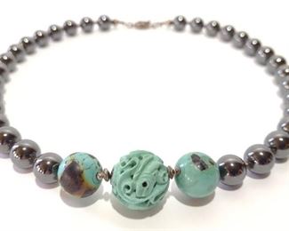 Vintage Turquoise Carved Bead Necklace
