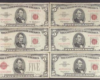 Six Red Seal $5 US Bank Notes