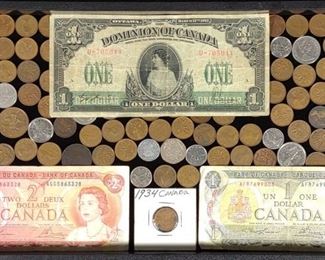 Lot of Canadian Coins & Bank Notes