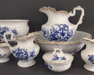 7 pc 19th Century Flow Blue Wash Set