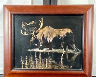 Original Art by Colorado Artist Vivian Etmanczyk Using Scratchboard & Watercolor "Moose Reflection"