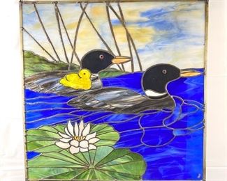 Large Stained Glass with Ducks ~ Hardware to Hang Attached ~ Measures 24" x 24"