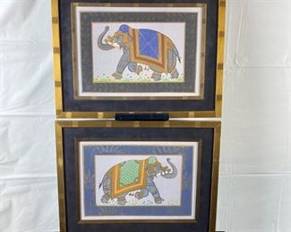 Set of Two Exotic Silk Screens showing Colorful Elephants in Gold Frame ~ 18" x 14" Framed