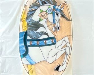  Large Oval Stained Glass Piece ~ Horse~ Chain to Hang Attached ~ Measures 20" x 33" Tall